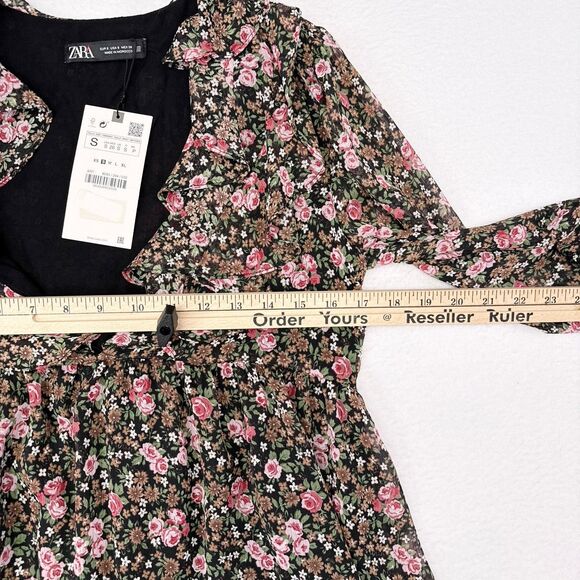 Zara Dress Size Small Multicolor Floral Ruffle Trim 3/4 Sleeves Flowy Shift NEW - Picture 10 of 11